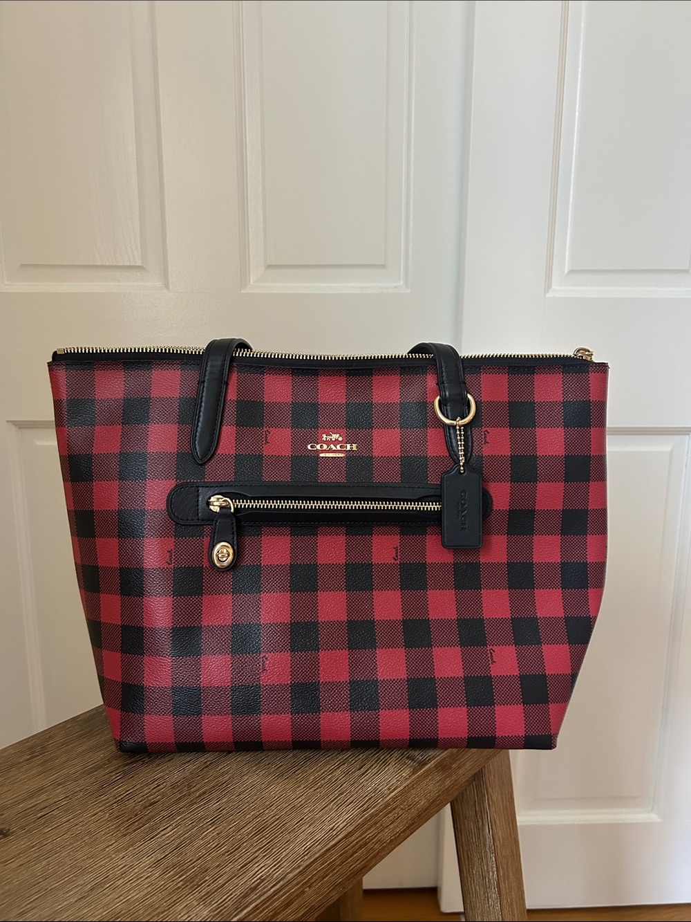 Coach Gallery Tote With Tartan Plaid Print Red & Black Checkered Tote NWOT